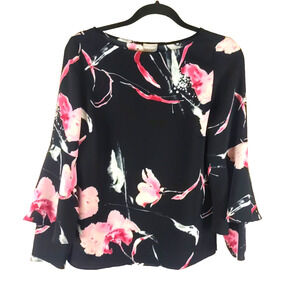 Chico's Women's Shirt Size 0 Small Black Pink Flowers Bost Neck Long Sleeve